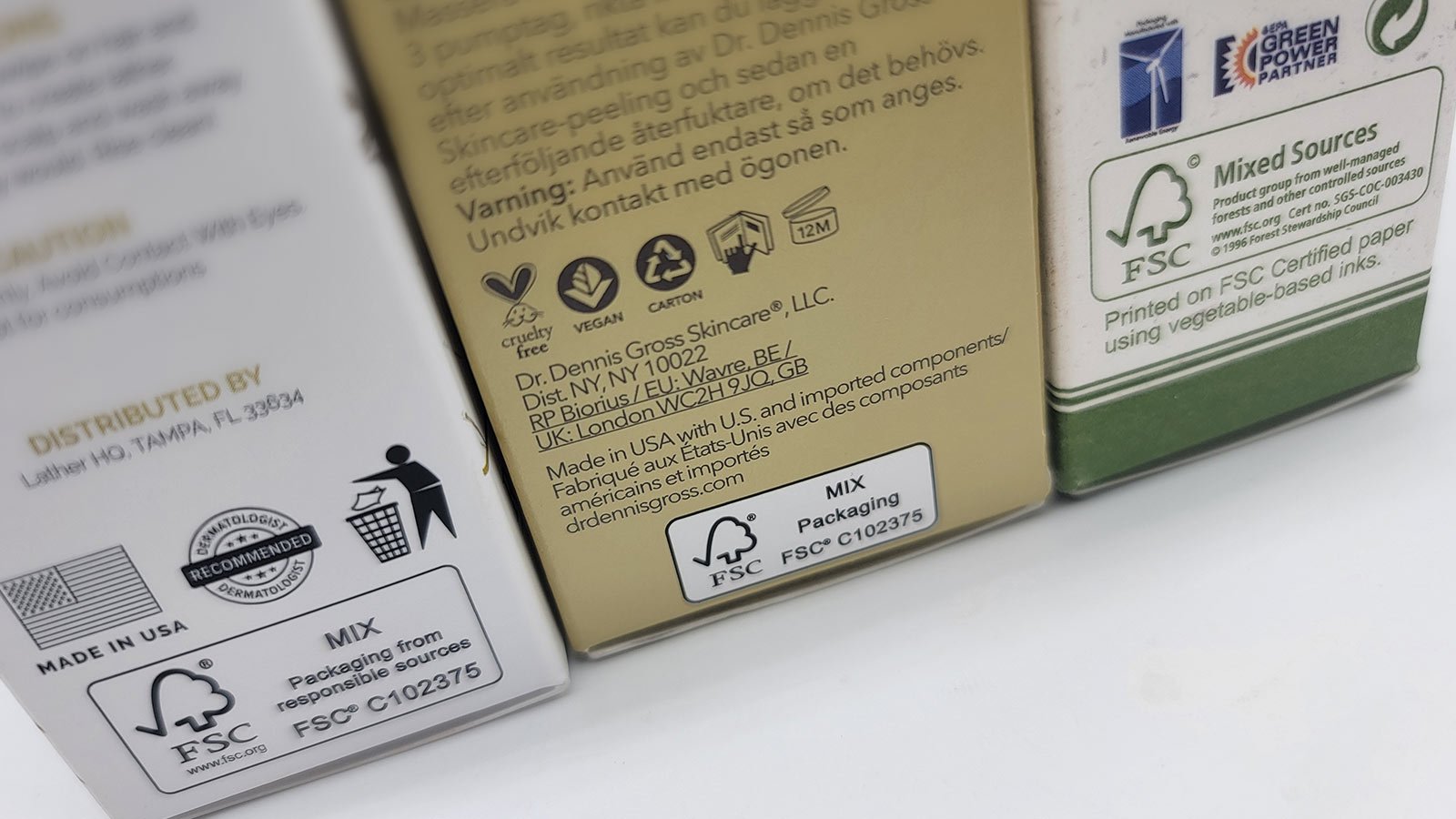 upclose of packaging showing substainable logos