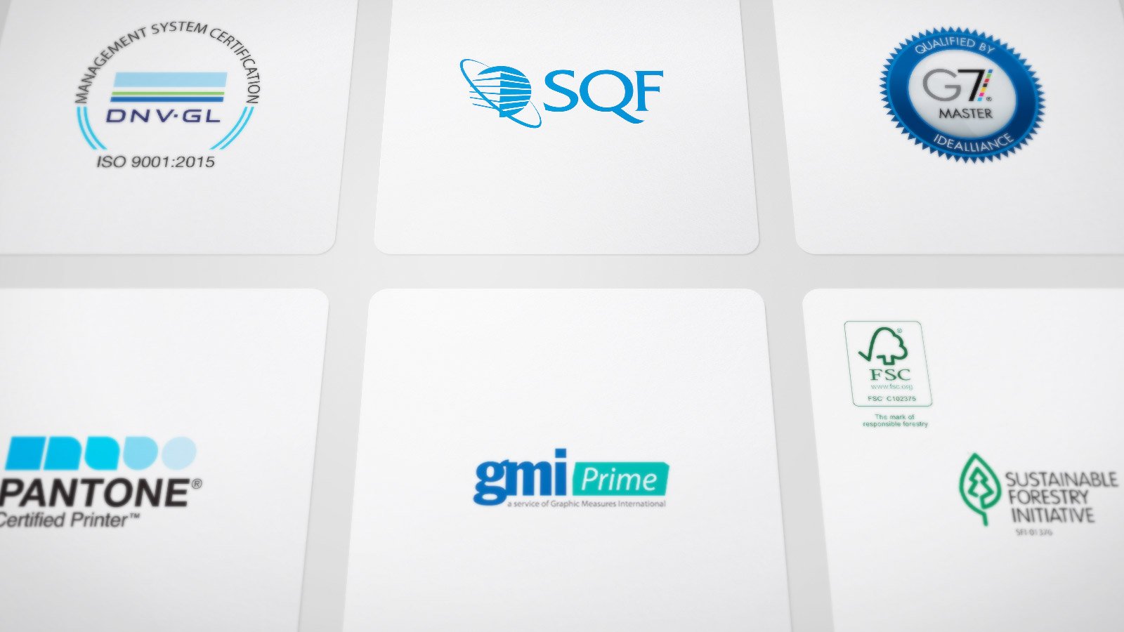 ISO, SQF, G7 Master, Pantone, GMI and Sustainability logos